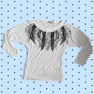 White Long-Sleeve Women's Top with Black Sequin Neck Detail